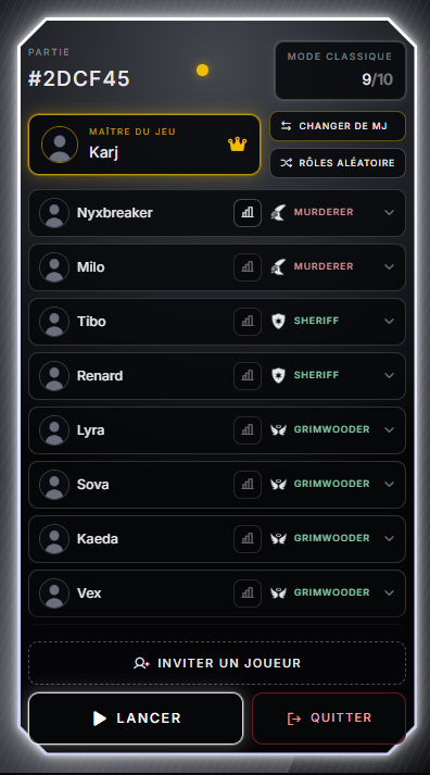 Lobby de la partie dans l'application